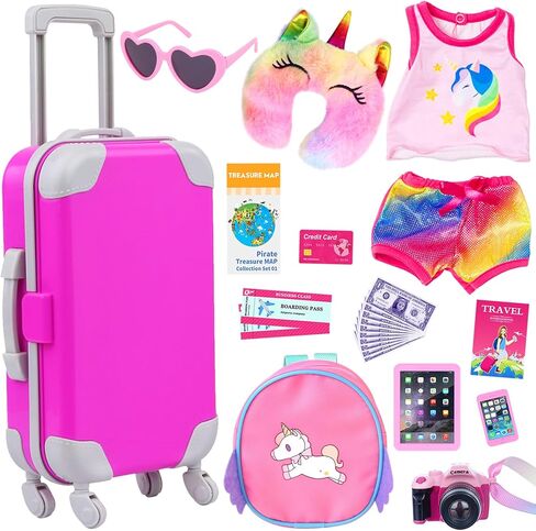 ZITA ELEMENT 24 Pcs 18 Inch Girl Doll Accessories Suitcase Luggage Travel Set Including 18 Inch Doll Clothes Luggage Pillow Blindfold Sunglasses Camera Computer Cell Phone Ipad and Other Stuff in Kuwait