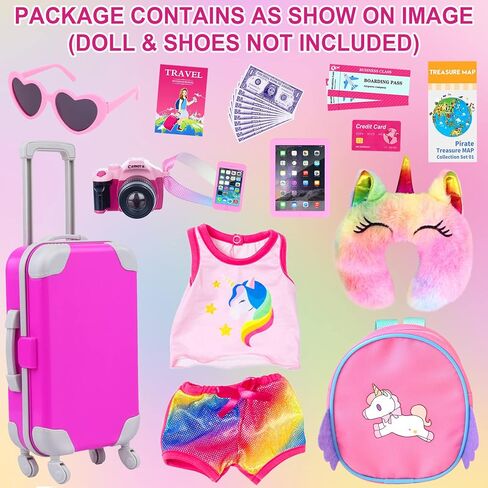 ZITA ELEMENT 24 Pcs 18 Inch Girl Doll Accessories Suitcase Luggage Travel Set Including 18 Inch Doll Clothes Luggage Pillow Blindfold Sunglasses Camera Computer Cell Phone Ipad and Other Stuff in Kuwait