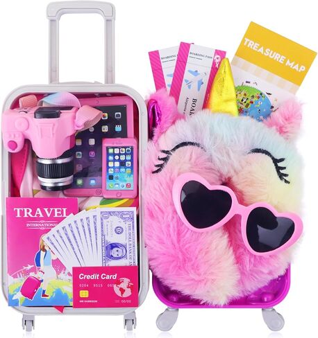 ZITA ELEMENT 24 Pcs 18 Inch Girl Doll Accessories Suitcase Luggage Travel Set Including 18 Inch Doll Clothes Luggage Pillow Blindfold Sunglasses Camera Computer Cell Phone Ipad and Other Stuff in Kuwait