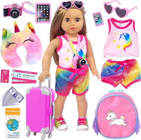 ZITA ELEMENT 24 Pcs 18 Inch Girl Doll Accessories Suitcase Luggage Travel Set Including 18 Inch Doll Clothes Luggage Pillow Blindfold Sunglasses Camera Computer Cell Phone Ipad and Other Stuff in Kuwait