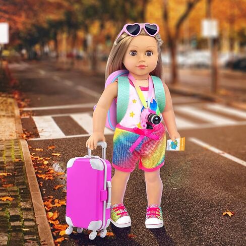 ZITA ELEMENT 24 Pcs 18 Inch Girl Doll Accessories Suitcase Luggage Travel Set Including 18 Inch Doll Clothes Luggage Pillow Blindfold Sunglasses Camera Computer Cell Phone Ipad and Other Stuff in Kuwait