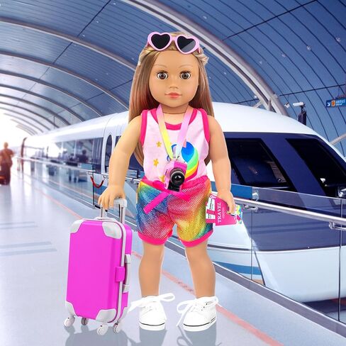 ZITA ELEMENT 24 Pcs 18 Inch Girl Doll Accessories Suitcase Luggage Travel Set Including 18 Inch Doll Clothes Luggage Pillow Blindfold Sunglasses Camera Computer Cell Phone Ipad and Other Stuff in Kuwait