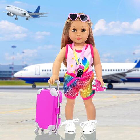 ZITA ELEMENT 24 Pcs 18 Inch Girl Doll Accessories Suitcase Luggage Travel Set Including 18 Inch Doll Clothes Luggage Pillow Blindfold Sunglasses Camera Computer Cell Phone Ipad and Other Stuff in Kuwait