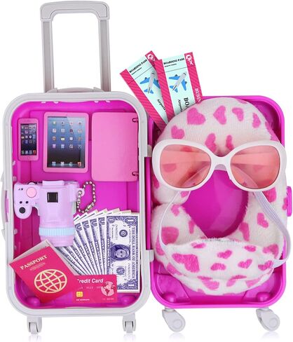 ZITA ELEMENT 24 Pcs 18 Inch Girl Doll Accessories Suitcase Luggage Travel Set Including 18 Inch Doll Clothes Luggage Pillow Blindfold Sunglasses Camera Computer Cell Phone Ipad and Other Stuff in Kuwait