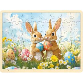 48 Piece Easter Puzzles for Kids Ages 3-5, Eggs & Bunny Easter Wooden Jigsaw Puzzle for 3 4 5 Year Old, Toddler Puzzles for Kids Ages 4-8 with Storage Tray