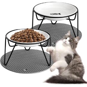 Elevated Cat Bowl,Raised Ceramic Cat Food Bowls with with Non-Slip Mat,Whisker Fatigue Cat Bowl Elevated Dishwasher Safe Cat Dishes for Indoor Cats, Kitten, Puppies and Small Dogs (1 Fish+1 Paw)