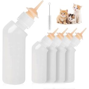 Pack of 5 Reusable Curved Pet Nursing Bottles with Silicone Nipples - Long Nipple Feeding Kit for Newborn Kittens, Puppies, Rabbits, Small Animals - Replacement Bottle for Cats, Dogs