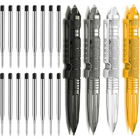 Origin-Joy 4 Pack Tungsten Steel Military Tactical Pen Set, Multifunctional EDC Self Defense Pen With 16 Ballpoint Refills (Black & Gray & Silver & Gold)