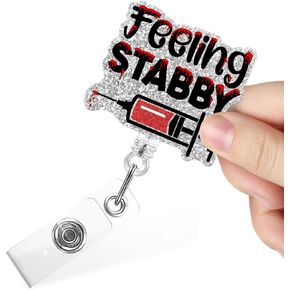 Feeling Stabby Funny Retractable Badge Reel with Alligator Clip, Glitter Badge Holder for Doctor Nurse Nursing Phlebotomist, Nurse Week Gift for Medical Worker, Nurse Practitioner Gift for Women