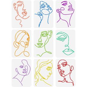 FINGERINSPIRE 9PCS Lady Line Art Painting Stencil 8.3x11.7 inch Woman Face Painting Template Minimalist Line Facial Features Stencil Character Theme Craft Stencil for Painting on Wall Wood Furniture