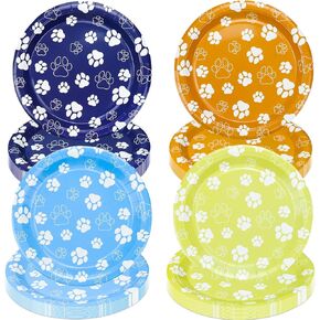 80Pcs Blue Orange Yellow Gray Dog Paw Print Plates - Dog Paw Print Birthday Decorations, 9" Dinner Plates for Baby Shower Girls and Boys Blue Dog Puppy Theme Party Supplies