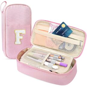 Idefair Cute Pencil Case, Preppy Pencil Pouch Aesthetic Pen Case with Finger Loop, Large Capacity Pencil Bag with Double Zipper School Supplies for Girls (Letter F, Pink)