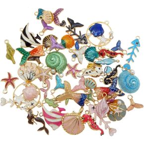 Julie Wang 40PCS Mixed Enamel Alloy Ocean Charms Beach Seashells Pendants for Jewelry Making Bracelet Necklace Earrings Bulk Craft Accessory