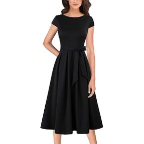 VFSHOW Womens Elegant Patchwork Pockets Belted Pleated Work Office Business Casual Party A-Line Midi Dress