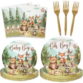 Woodland Baby Shower Plates Set 25 Guests for Baby Boy, Forest Animals Mountain Wilderness Theme Paper Plates Napkins Forks Tableware Decor
