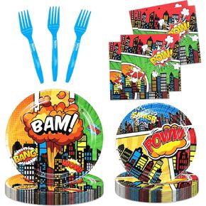 50 PCS Super Theme Hero Party Plates Napkins Forks Super Hero Table Decoration Cityscape Buildings Tableware Boys Kids Birthday Party Baby Shower for 10 Guests