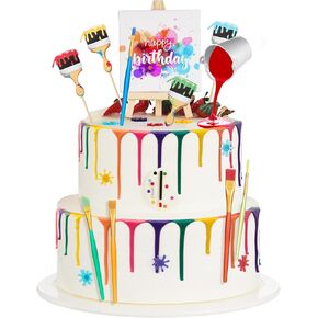 Taiyin 34 Pcs Art Cake Decorations Paint Brush Cupcake Toppers Art Paint Cake Topper Artboard Palette Cupcake Decor Artist Themed Decorations for Birthday Party Supplies