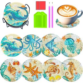 PRIVATEDIY 8 Pcs Ocean Dolphin Diamond Painting Coasters Kit with Holder,Diamond Art Coasters Kits,Diamond Art Kits for Adults,DIY Coasters Gifts Non-Slip Home Decor