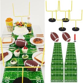 9 Pcs Football Party Goal Post Decoration Kit Includes 4 Football Field Goal Post 2 Football Court Table Runner 2 Mini Football 1 Pump for Football Theme Birthday Party Supplies