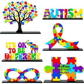 6Pcs Autism Awareness Wood Tiered Tray Centerpieces, April Puzzle Pieces Letter Wood Sign Table Topper Decoration, World Autism Awareness Day Inspirational Desk Shelf Decor School Supplies