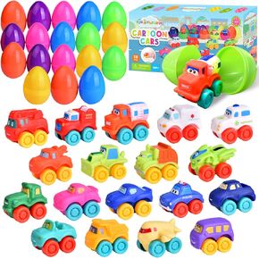 FUN LITTLE TOYS 18Pcs Easter Eggs Prefilled with Soft Rubber Toy Cars, Vehicles for Toddlers, Easter Party Favors, Easter Basket Stuffers, Goodie Bags Fillers, Easter Egg Fillers Bath Toys in Kuwait