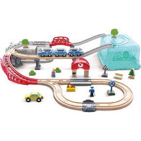 Hape City Railway and Train Bucket Set Toy with Hoisting Magnetic Crane for Trains, Trucks, and Cargo for Kids Ages 3 and Up, Multicolor