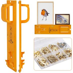 Upgraded Picture Hanging Kit with a Box of Hooks, Heavy Duty Wall Hanger Tool with Bubble Level & Positioning Guide, Frame, Art, Photo Mounting Solution for Drywall, Brick, Wood
