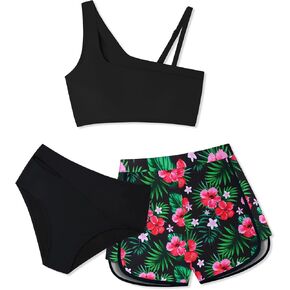 Girls Swimsuit 3 Piece Adjustable Strap Cutout Girls' Swimwear with Shorts Girls Bathing Suit Summer 7-16 Years