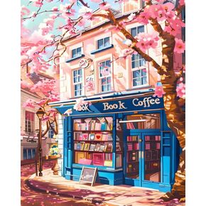 Svinoiler Coffee Bookstore Paint by Numbers ، طلاء شجرة الزهور بأرقام للبالغين ، الطلاء البالغ المناظر الطبيعية الجميلة بأرقام أرقام على القماش ، ديكور الجدار المنزلي 16 × 20 بوصة ، غير مؤطر