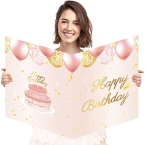 Jumbo Birthday Card with Envelope, 22 x 14 Inch Pink Gaint Greeting Card for Women, Extra Large Happy Birthday Guest Book, Oversize Birthday Party Signs Decorations Supplies for Girls Mother Daughter