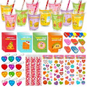 DAZONGE 24 Pack Valentines Day Gifts for Kids, Valentines Stationery Set with Pencil Notebook Pop Heart Keychain Sticker Eraser Sharpener, Valentines Day Cards for Kids Classroom Boys Girls