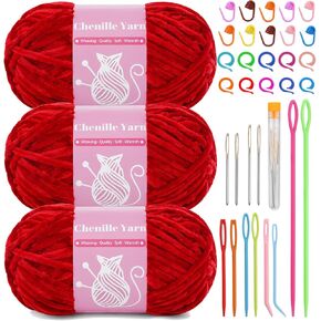LUNARM Chenille Velvet Yarn, Yarn for Crocheting Knitting with Big Eye Needles, Handcrafts Weaving Soft Chenille Yarn for Making Blankets, Clothes, Pattern Knitting-3 * 3.35oz,3 * 162yds (Purple)