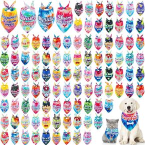 Sweetude 100 Pcs Tie Dye Dog Bandanas Bulk with Sayings Pet Triangle Scarf Bibs Washable Puppy Kerchief Adjustable Grooming Supplies for Small Medium Large Dog Cat Costume Accessories