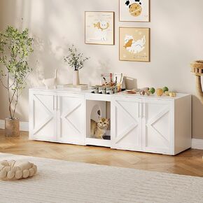 Double Cat Litter Box Enclosure, Hidden Cat Litter Box Furniture with Doors and Pads, Wooden Kitty Litter Box Cabinet Furniture (White, 2 Room)