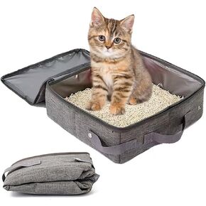 Portable Cat Travel Litter Box, Collapsible Open Cat Small Litter Box with Lid and Handle Standard Fit Medium Cats and Kitties Leak-Proof Lightweight (Black)