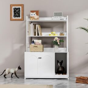 Litter Box Enclosure with 2 Storage Shelves Black Hidden Cat Litter Box Furniture with Scratch Pad, Indoor Cat House Kitty Box Washroom Cat Bookshelf Cabinet