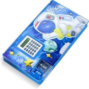 Pencil Case, Cute Cartoon Pen Box Organizer Stationery with Calculators, Sharpener, School Supplies, Best Birthday Gifts for Kids Teens (Blue)