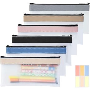 6 Pack Clear Pencil Pouch, Small Pencil Case with 60Pcs Label Stickers, Waterproof Pen Holder with Zipper, Multifunctional Money Bags Cash Envelopes, Pencil Bag for Office School Supplies