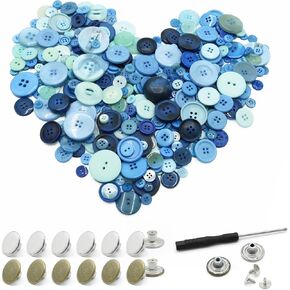 300-400 PCS Assorted Buttons Kit 2 and 4 Holes and 12 PCS Jeans Buttons with Installation Tools – Perfect for Sewing, DIY Crafts, Manual Button Painting, and Repairs (Wooden Style Set)