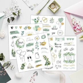 4Sheets Green Wedding Celebration Stickers for Bride Scrapbooking, Pastel Watercolor Self-Adhesive Waterproof Wedding Stickers for Letters,Envelopes,Bridal Shower,Invitations,Guestbook