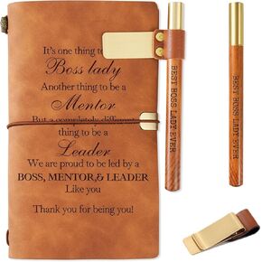 Boss Gifts for Women Leather Journal Notebook with Pen and Pen clip, Boss Lady Gifts for Women on Birthday, Boss Lady Refillable Sketchbook, Travel Diary, Lined Planner, 7x5 Inches, Brown