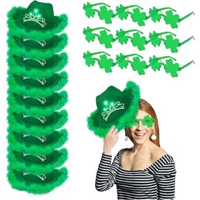 18 Pcs St Patrick's Day Cowgirl Hats and Glasses, LED Lighting Cowboy Hat Costume Accessory for Party