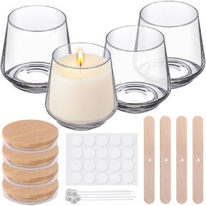 Ziliny 4 PCS 10 Oz Class Candle Swars مع أغطية الخيزران ومجموعة ملصقات الشمعة Wick لصنع الشموع ، وحاويات الجرار الفارغة الصافية صنع لوازم عيد ميلاد الزفاف عيد أم DIY DIY