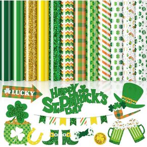 Whaline 12 Sheet St. Patrick's Day Heat Transfer Vinyl Shamrock Clover HTV Colorful Plaid Stripe Iron on Vinyl Glitter Adhesive Craft Vinyl for Irish Clothing Costume DIY Fabric Craft, 9.6 x 11.8 Inch