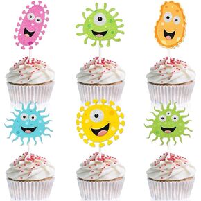 Virus Cupcake Toppers Set of 18 Germ Themed Happy Birthday, Boys and Girls Themed Germ Virus Birthday Party, Baby Shower or Quarantine Themed Party Decoration Supplies. LIANGSS