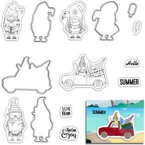 ALIBBON Summer Gnomes Stamps and Dies for Card Making, Driving Gnomes Swim Gnomes Transparent Silicone Rubber Stamps Seals with Metal Cutting Dies for Photo Album Decorations and DIY Scrapbooking