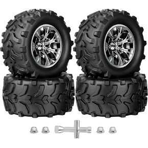 HobbyPark Pre-Glued RC Truck Tires and Chrome Wheels 12mm Hex 1/10 Scale Tyres for Traxxas Hoss 4x4 Stampede 2wd VXL Redcat Volcano EPX Pro 3S 4S Lipo Brushless Monster, 4 Sets