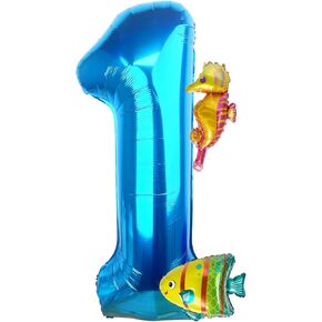 40 Inch Under the Sea Blue Number 1 Balloon, Mini Sea Animal Balloons Ocean Animal Foil Balloon, Seahorse Fish Balloons for Boys Girls Sea Theme 1st Birthday Baby Shower Party Decoration