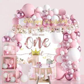 Baby Girl First Birthday Decorations,Baby 1st Birthday Decorations for Girl,Balloon Boxes, Pink Balloons Garland Arch Kit，Backdrop, High Chair Banner, Crown, Photo Banner