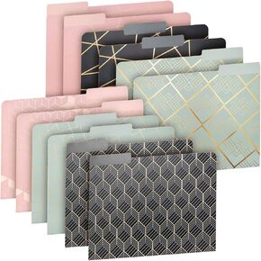 Paper Junkie Decorative File Folders with Gold Foil Geometrical Accents, 1/3 Cut Tab, for Office, Letter Size (11.5 x 9.5 Inches) - Pack of 12